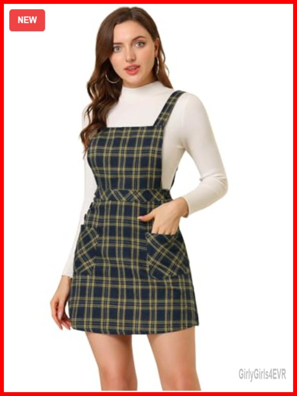 Women's Plaid Tartan A-Line Pinafore Overall Dress Suspender Skirt Patch Pocket
